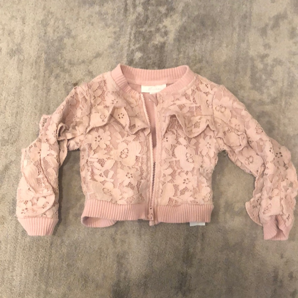 Miniclassix pink lace jacket with ruffles - 12m